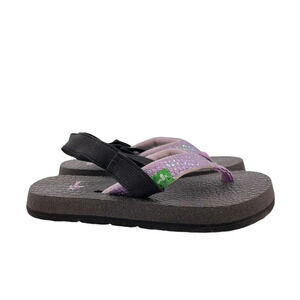 Sanuk Flip Flops Toddler Sz 7/8 Black Purple Glitter Flat Cozy Thong Back Strap